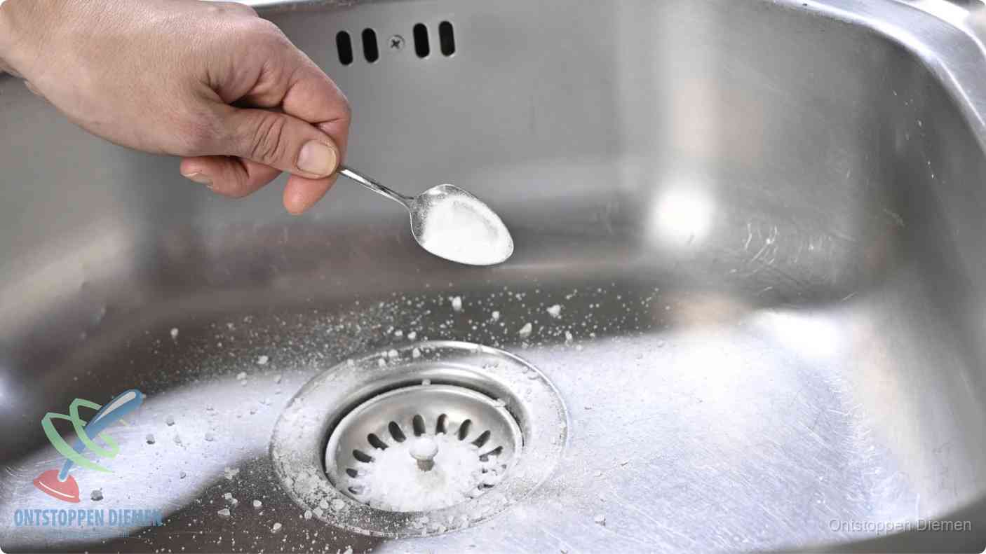 Een hand strooit met een lepel soda in een afvoerputje, de soda en azijn huismiddel-methode om de wc te ontstoppen in Diemen
