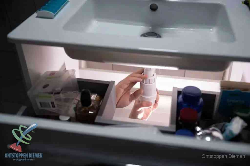 Een pompfles met zeep boven een wastafel in de toiletruimte, de warm water en afwasmiddel-methode om de wc te ontstoppen in Diemen